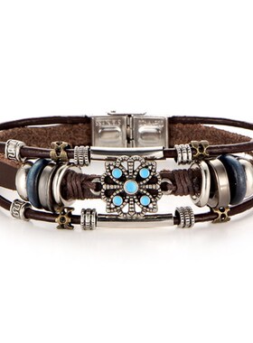 Vintage flower Turquoise mens Leather Bracelet绿松石皮