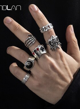 Sindlan 6Pcs Punk Poker Joker Silver Color Rings for Men Got
