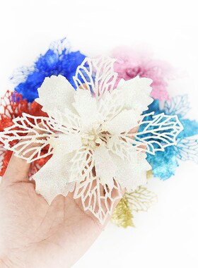 10pcs Glitter Artificial Poinsettia Flower with Berry Weddin
