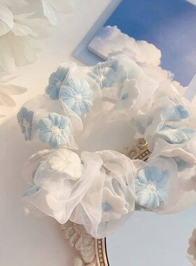 Sweet Embroidery Flowers Mesh Scrunchies Women Romantic Pink