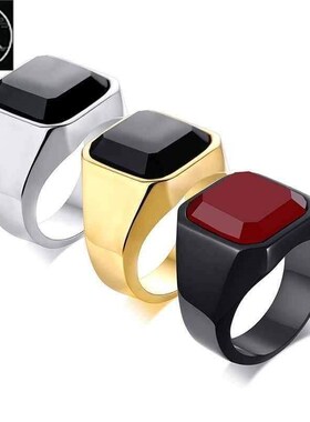 Men rings stainless steel black agate rings steel color ring