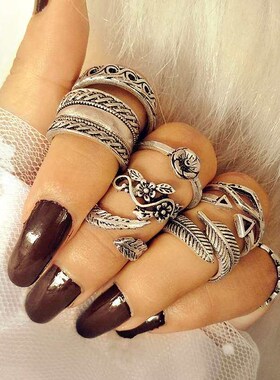 Bohemian Carved Leaves 9 Piece Knuckle Ring Set Women