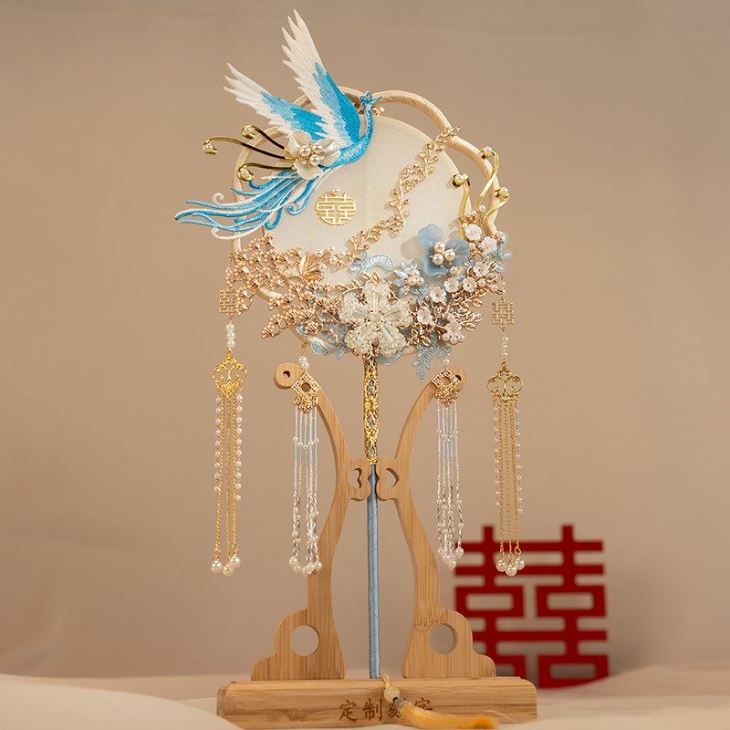 新娘结婚礼秀禾服婚扇中式古典出嫁喜扇子手工蓝色团扇diy材料包,淘宝优惠券,粉丝福利购,淘宝优惠卷