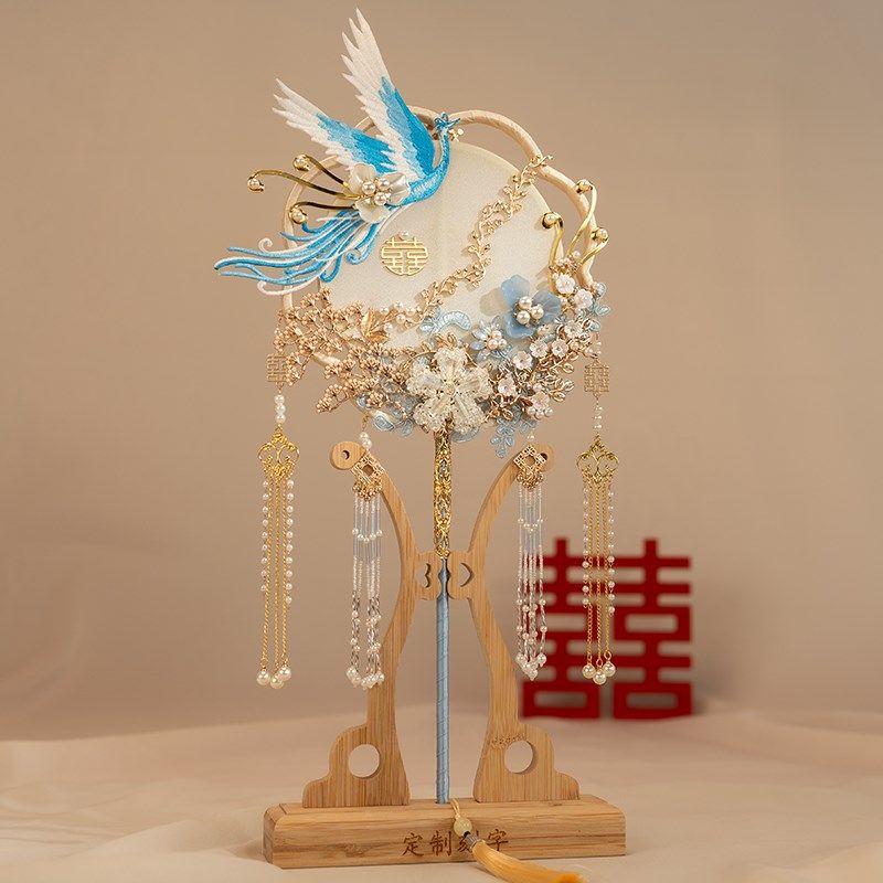 新娘结婚礼秀禾服婚扇中式古典出嫁喜扇子手工蓝色团扇diy材料包,淘宝优惠券,粉丝福利购,淘宝优惠卷