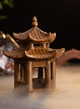 创意中式六角凉亭小摆件陶瓷小亭子盆景假山鱼缸造景桌面家居饰品