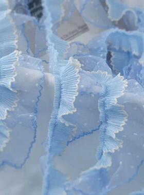 Pleated Tulle Lace Fabric, Light Blue, Fringed Trim, Wedding