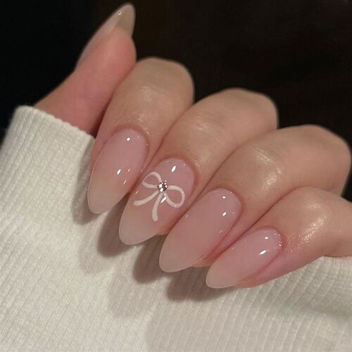 24Pcs Almond Press on Fake Nails Long French False Nails wit - 图0