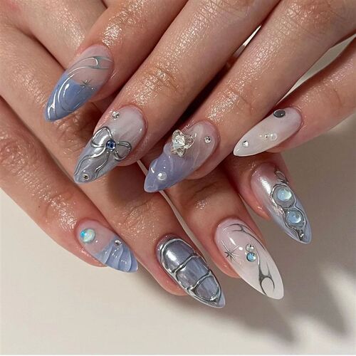 24Pcs Almond Press on Fake Nails Long French False Nails wit - 图2