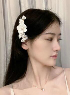 Handmade+White+Porcelain+Flower+Hairpin+Spring+Edge+Clip+Tia