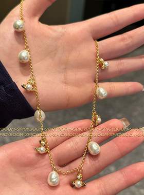 新款巴洛克珍珠小土星多吊坠项链精工强光天然异性淡水珍珠锁骨链