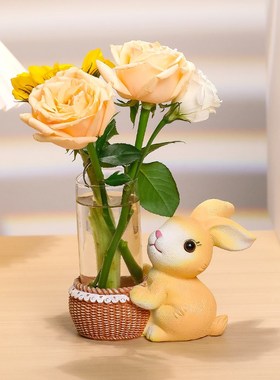 卡通萌宠兔猫小花瓶房间飘窗水培器皿女生工位办公桌装饰摆件好物