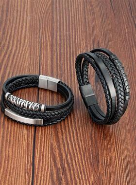 Viking Leather Bracelets for Men Multilayer Stainless Steel