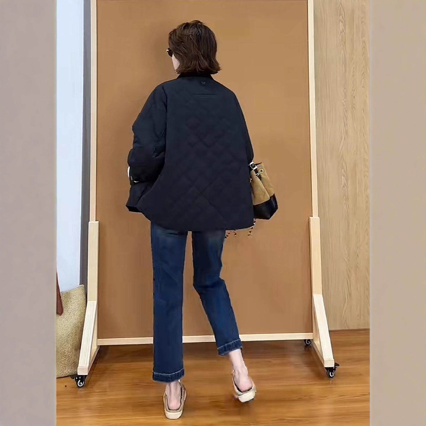 韩版灯芯绒翻领拼接菱格棉服外套女秋冬2025新款显瘦薄款夹棉上衣,淘宝优惠券,粉丝福利购,淘宝优惠卷