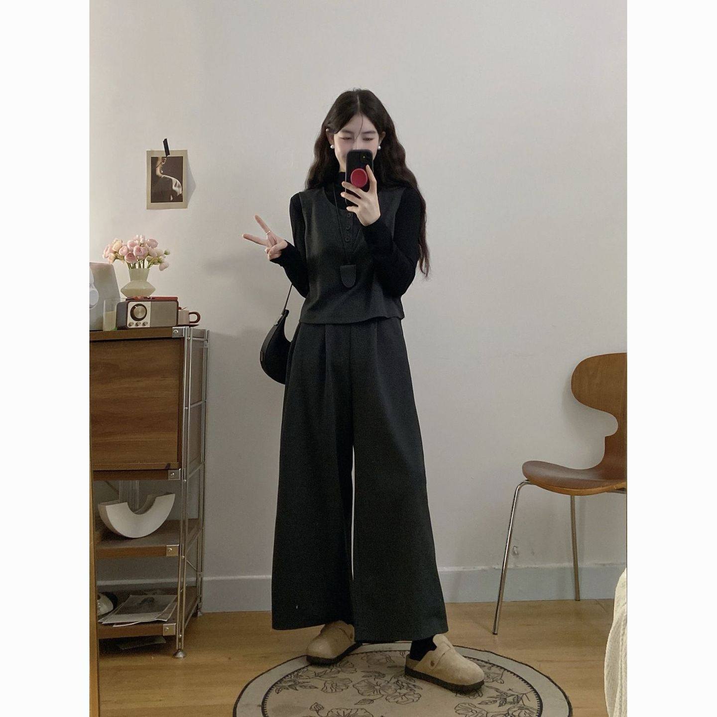 大码女装时尚微胖秋冬胖mm显瘦时尚简约毛呢马甲九分阔腿裤三件套,淘宝优惠券,粉丝福利购,淘宝优惠卷