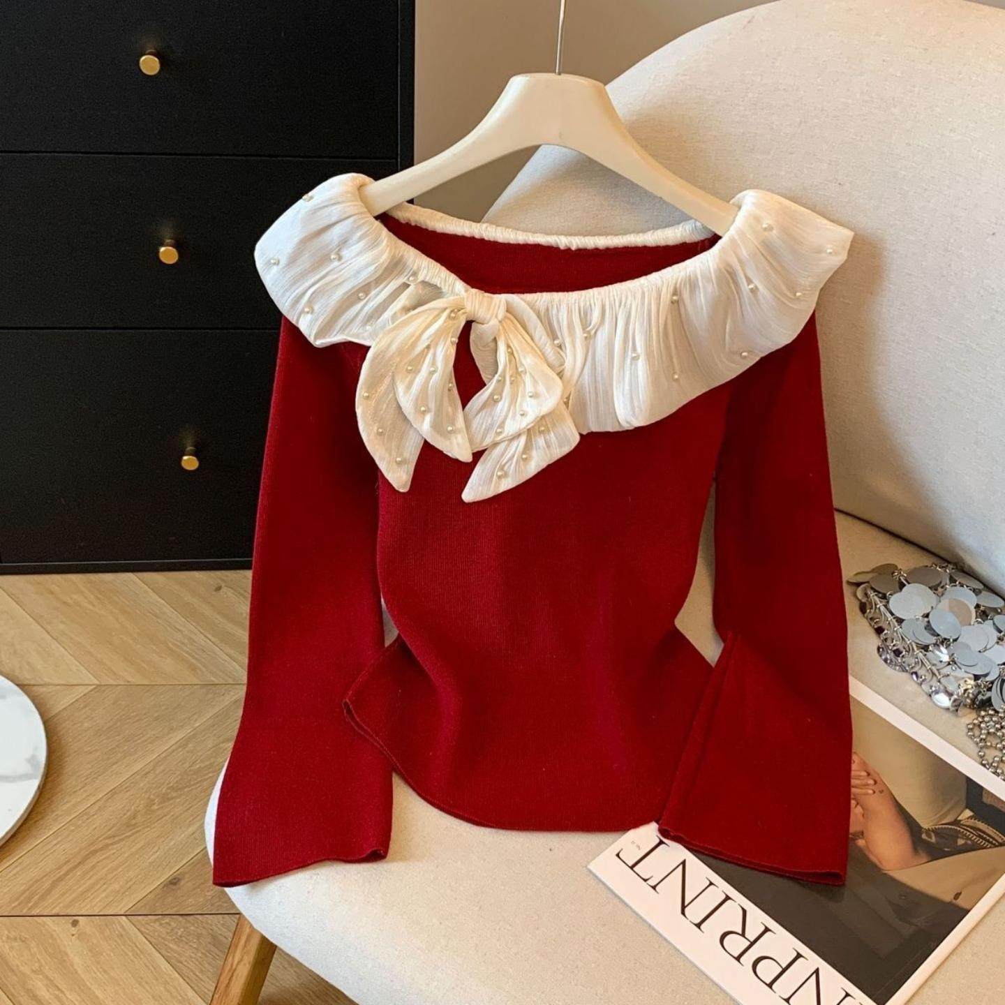 纯欲性感一字领德绒长袖针织衫女秋冬新款设计感钉珠花边拼接上衣,淘宝优惠券,粉丝福利购,淘宝优惠卷