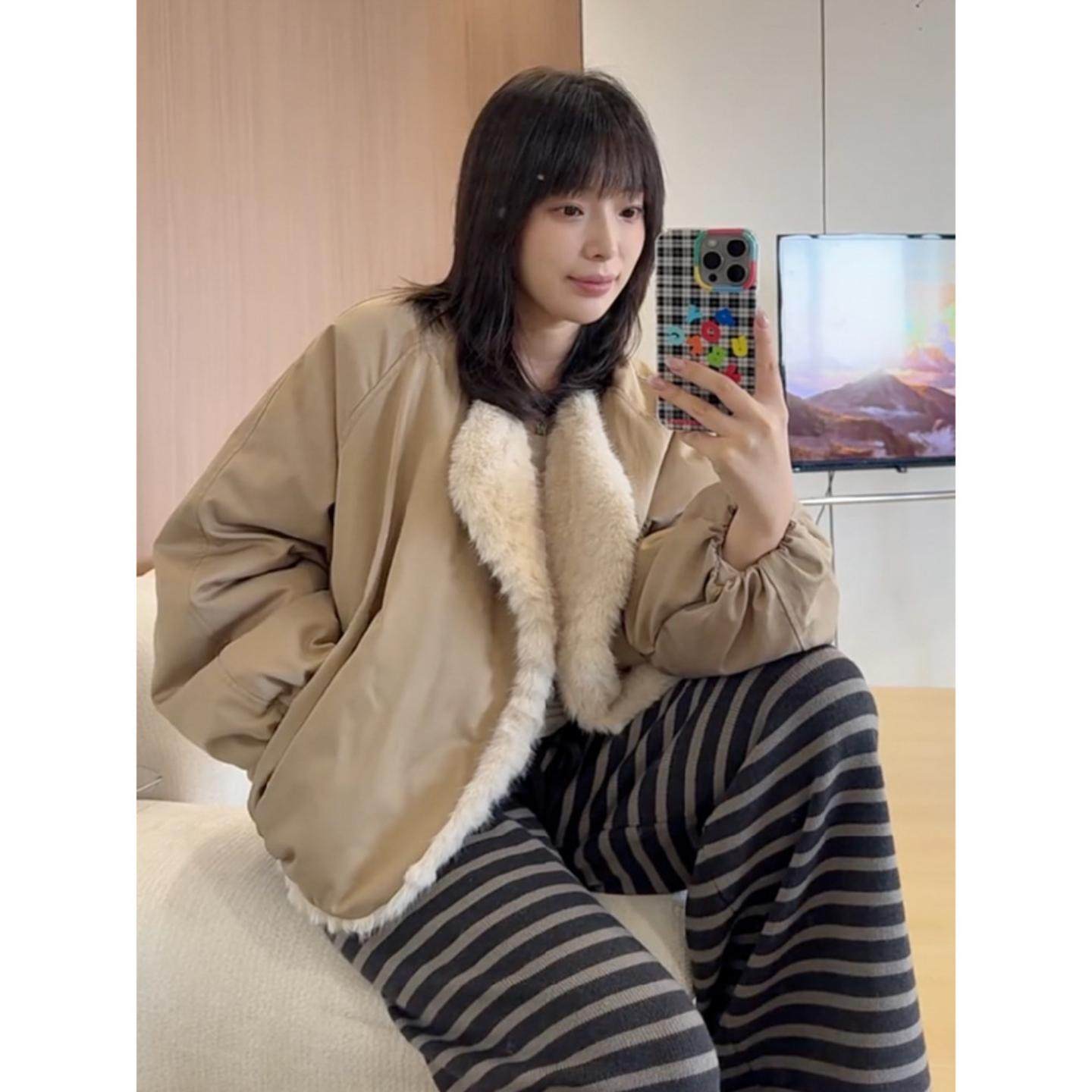 双面穿人造小湖羊欧貂绒毛毛短外套女2025秋冬新款宽松灯笼袖上衣,淘宝优惠券,粉丝福利购,淘宝优惠卷