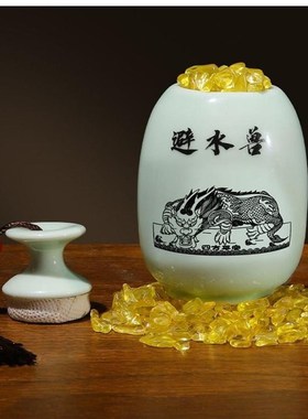 陶瓷荷花避水葫芦镇水神兽黄玉摆件碧水吞金兽辟水龙瓶子卫生间