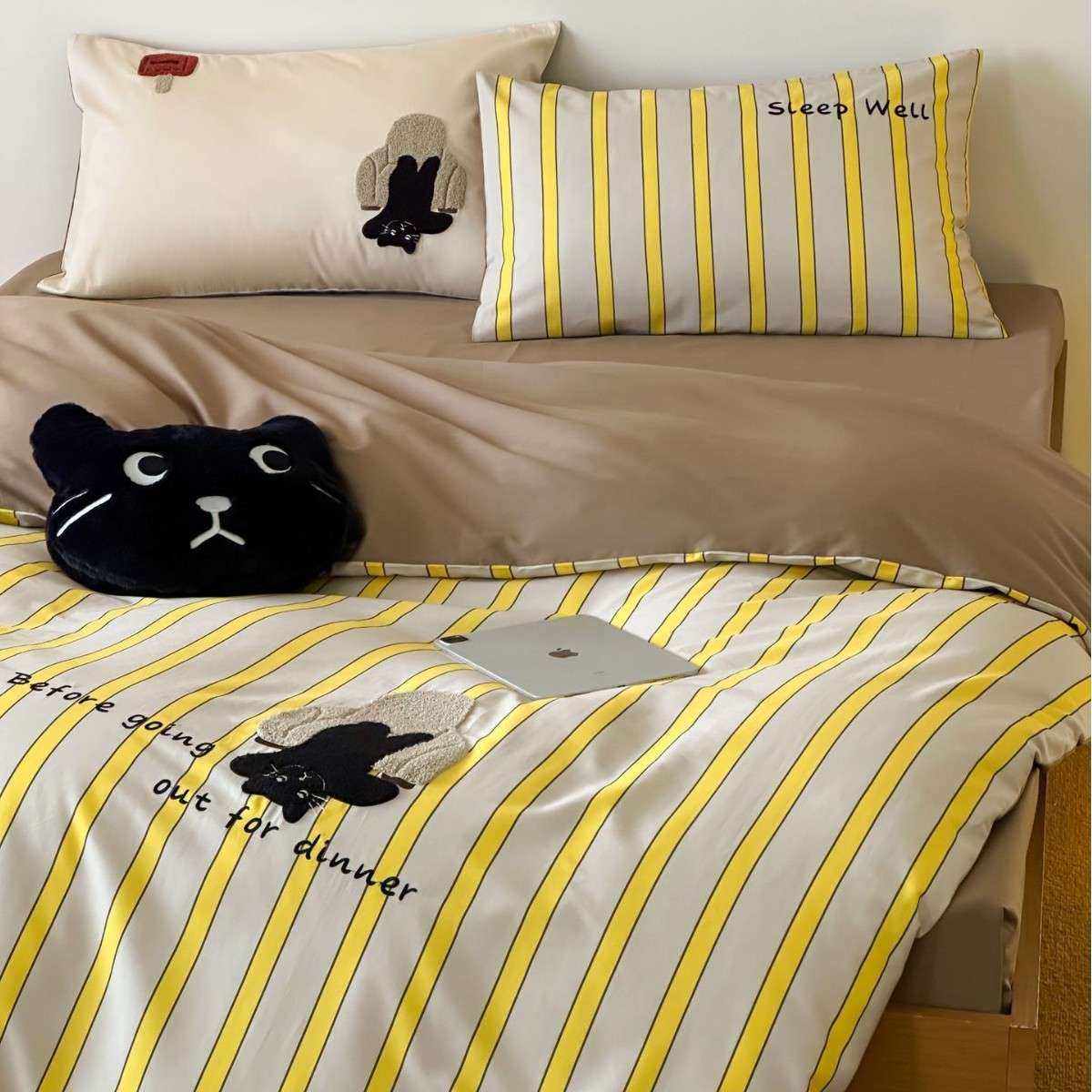 可爱小猫全棉儿童刺绣条纹四件套被套床单款小清新高端轻奢床品,淘宝优惠券,粉丝福利购,淘宝优惠卷