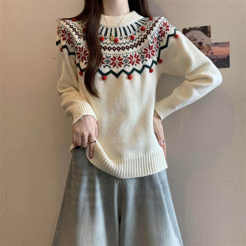 大码女装新品圣诞新年红色费尔岛毛衣秋冬复古提花软糯针织衫上衣,淘宝优惠券,粉丝福利购,淘宝优惠卷