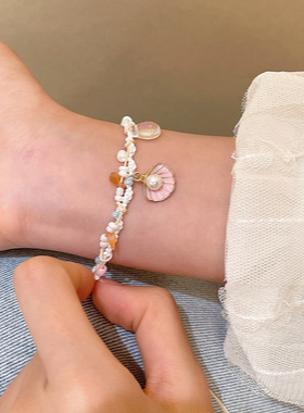 新中式复古扇贝编织绳手链女轻奢小众高级感抽拉式手饰品