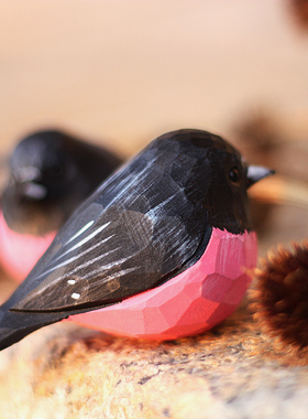 鹿妖商店 肥啾鸟木雕 粉红鸲鹟纯手工摆件 黑鸟 招桃花