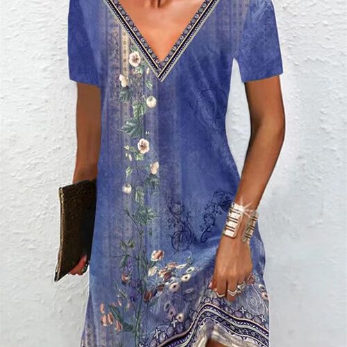Oversized S-5XL Vintage Loose Dress Summer V Neck Short Slee - 图2