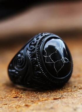 Handmade Turkish Black Zircon Rings Retro Men Stainless