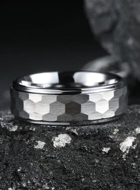 8MM Mens Silver Color Stainless Steel Ring Hammered