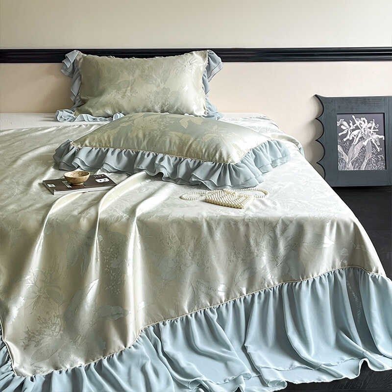 法式浪漫风加密冰丝凉席三件丝滑凉感提花雪纺边床裙式夏季席子,淘宝优惠券,粉丝福利购,淘宝优惠卷