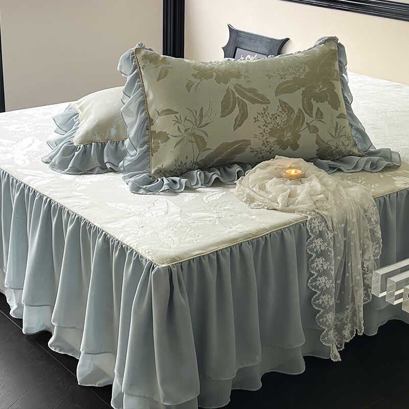 法式浪漫风加密冰丝凉席三件丝滑凉感提花雪纺边床裙式夏季席子,淘宝优惠券,粉丝福利购,淘宝优惠卷