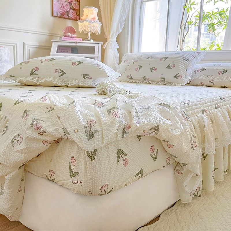韩版泡泡棉单件夹棉床笠式床裙三件套少女心花边绗缝全包防滑床罩,淘宝优惠券,粉丝福利购,淘宝优惠卷