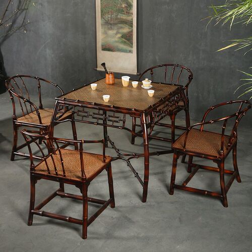 仿古中式大漆筇竹竹制家具茶几茶桌椅组合方桌家用小茶台茶室家具 - 图0