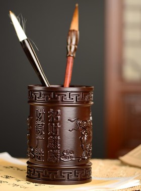 黑檀木雕麒麟笔筒工艺品办公室书桌家居客厅木质笔筒摆件送礼