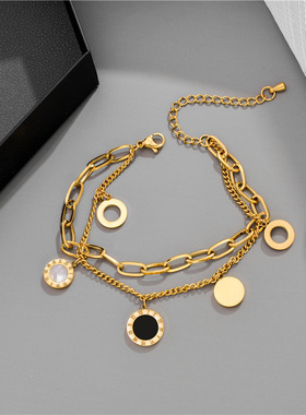 Stainless Steel Layered Golden Pendant Bracelet For Women Re