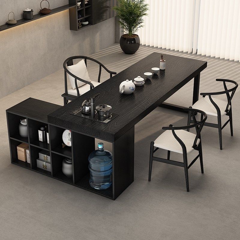 侘寂风全实木桌柜一体黑色碳化茶桌办公室家用客厅茶台茶桌椅,淘宝优惠券,粉丝福利购,淘宝优惠卷