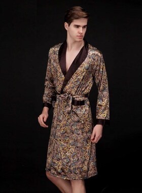 Coffee And Navy Blue Men Silk Robes 2024 Male Senior Satin S