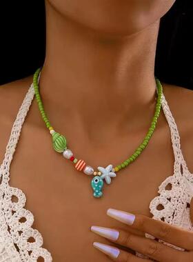 Summer Colorful Ceramic Fish Starfish Pendant Beaded Choker