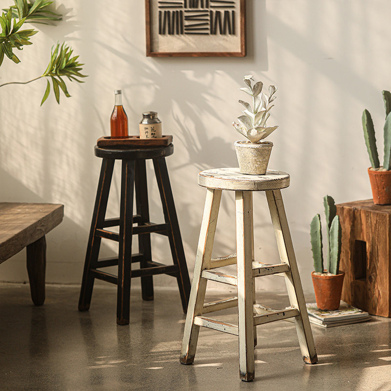 圆面高脚凳吧台凳家用高脚椅老松木实木复古做旧可做花几边几花架,淘宝优惠券,粉丝福利购,淘宝优惠卷
