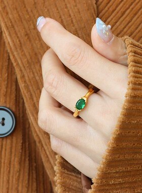 Ins Style Brass Material Ring Inlaid Emerald Oval Zircon Nic