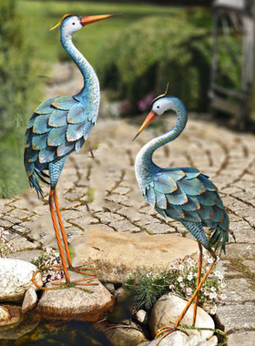 岛拉蓝色铁艺仙鹤铁质水鸟庭院摆件 花园别墅草地景观阳台装饰品