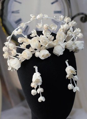 Beige Floral Flower Brides Tiaras Headpieces with Earring  S