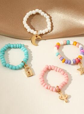 4Pcs/set Boho Colorful Rice Beads Rings Set For Women Elasti