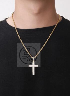 -Rock Hip Hop Set 3AAA Zircon Three Row Full Diamond Cross P