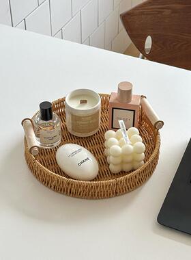 照片道具韩国彷藤收纳托盘香薰木柄装饰饰品收纳篮展示高端