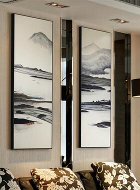 新中式山水装饰画写意南山三联客厅挂画国画禅意花鸟黑白竖版画