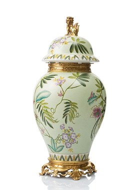 欧式美式别墅家居壁炉玄关斗柜摆件高端纯铜高温瓷彩绘将军罐摆设