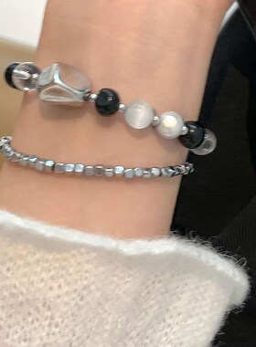 Black Grey Contrast Bead Brlet Womens Autumn and Winter Ins