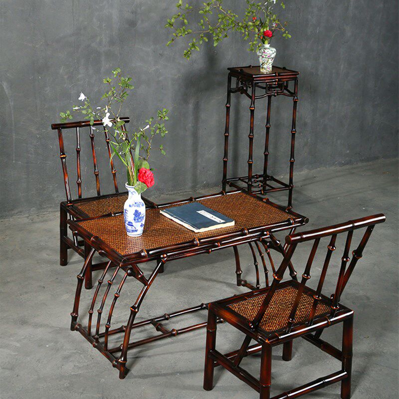 仿古中式大漆筇竹家具小椅子茶几长方形茶桌椅组合两人茶室茶道桌,淘宝优惠券,粉丝福利购,淘宝优惠卷