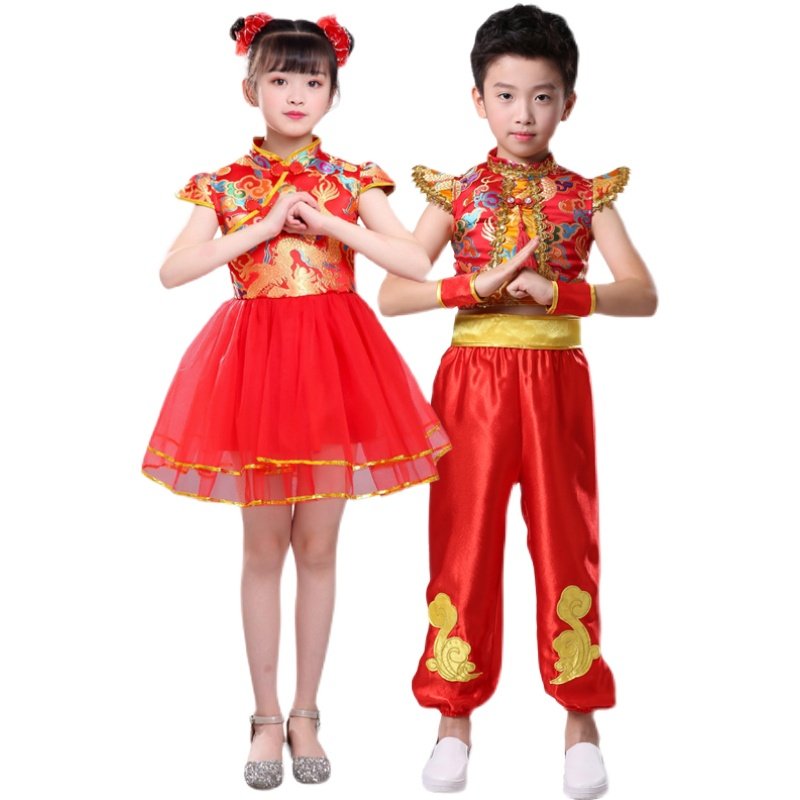 中国风儿童喜庆鼓舞打鼓服开门红舞蹈服中国红演出服幼儿秧歌古筝,淘宝优惠券,粉丝福利购,淘宝优惠卷