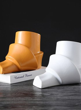 简约拱形橙色花器高级感陶瓷双耳花瓶摆件北欧样板间黑白果盘装饰